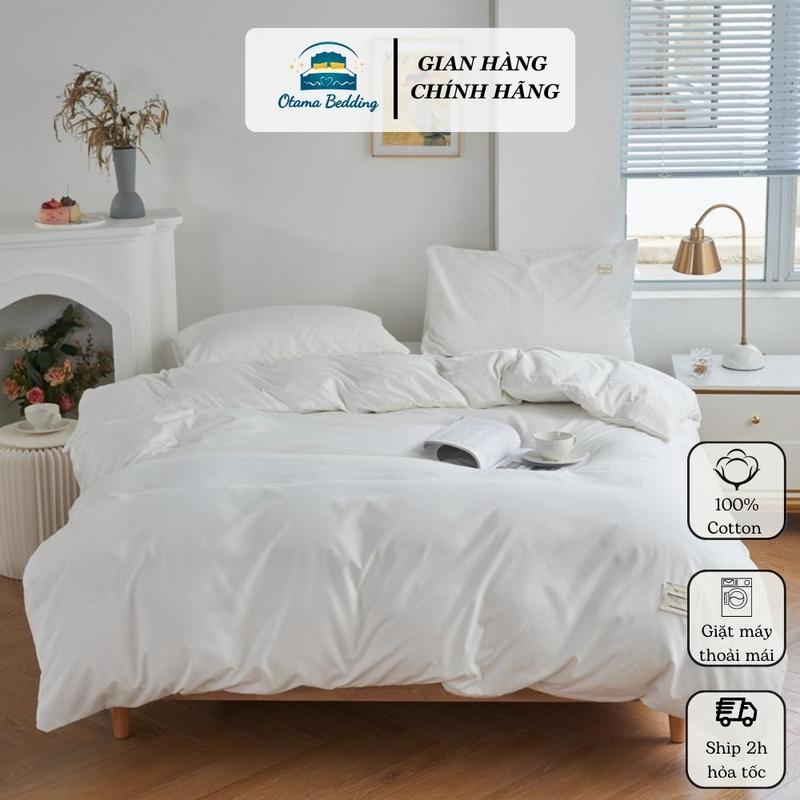 Bộ chăn ga gối đệm 4 món cotton tici trắng, chăn ga drap nệm khách sạn homestay mềm mại cao cấp sang trọng Otama Bedding