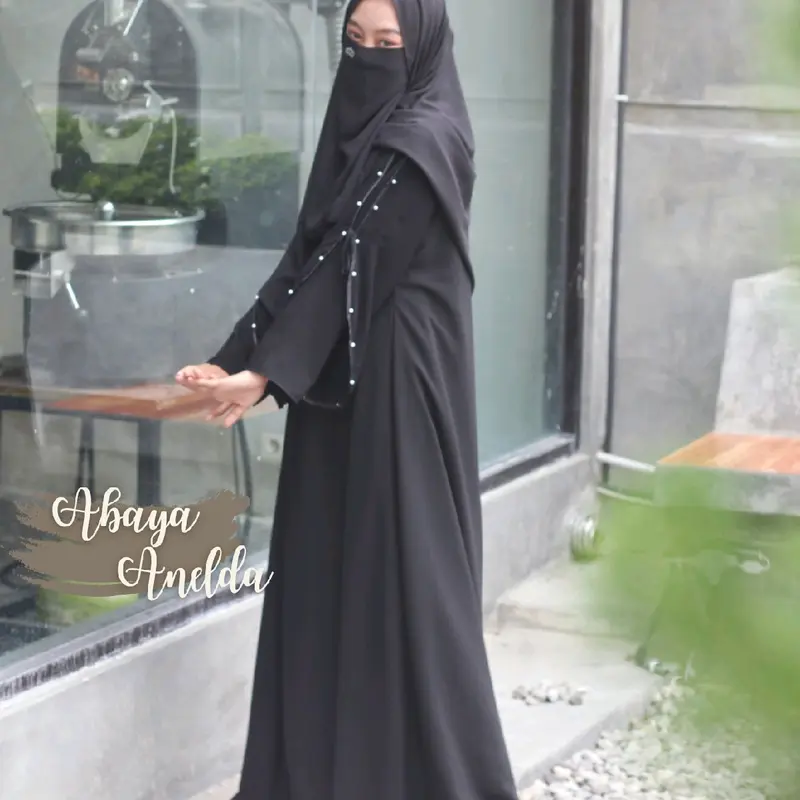 Abaya/gamis Anelda jetblack hitam Muslim Kombinasi Sifon Mutiara by hanania 3