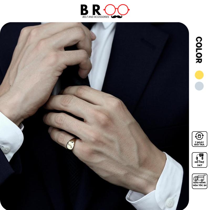 Nhẫn signet nam nữ BROO màu bạc vàng trơn có thể điều chỉnh size phong cách unisex
