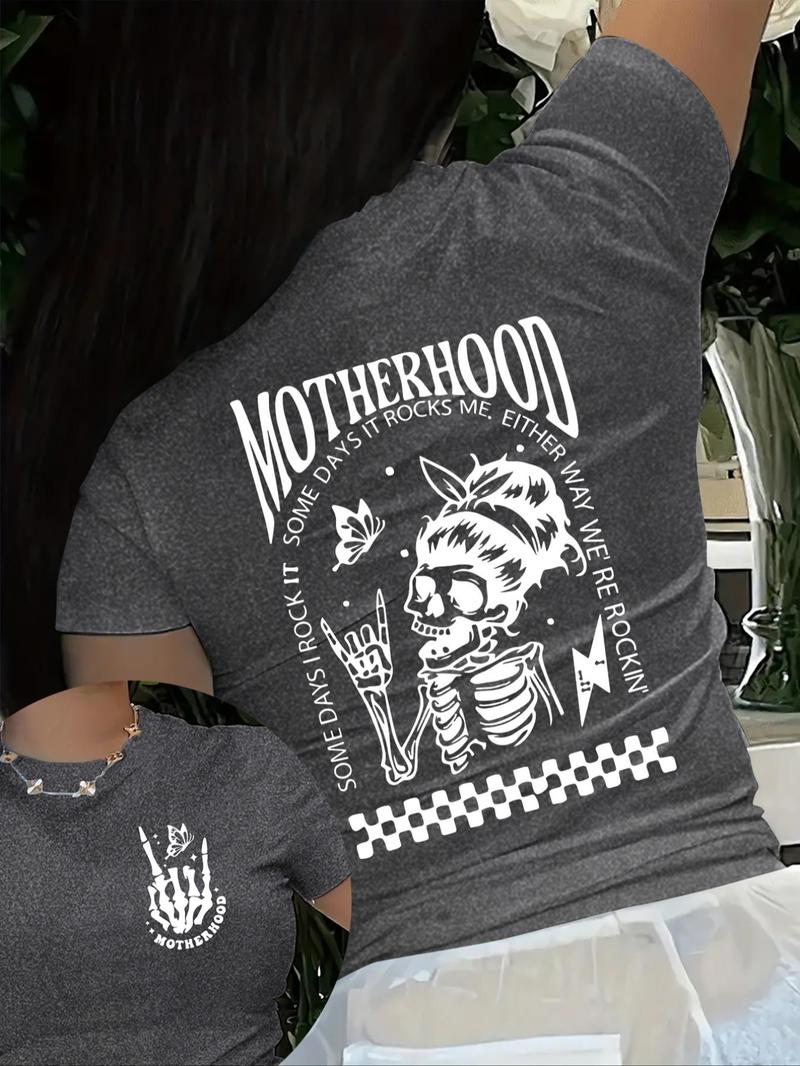 Product Introduction of Plus Size Skull & Letter Print Round Neck Tee, Plus Trendy Casual Short Sleeve Graphic T-Shirt for Daily Wear, Ladies Plus Clothing for Summer 5
