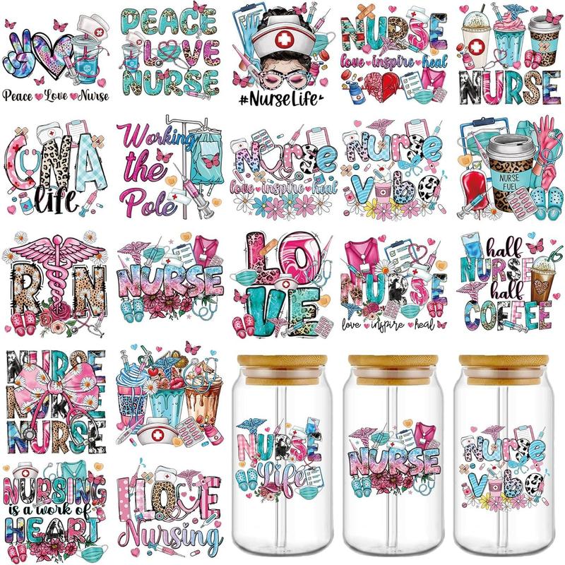 Cup Wrap Transfer Stickers: 20 count Nurse UV DTF Cup Wraps for 16 oz ...