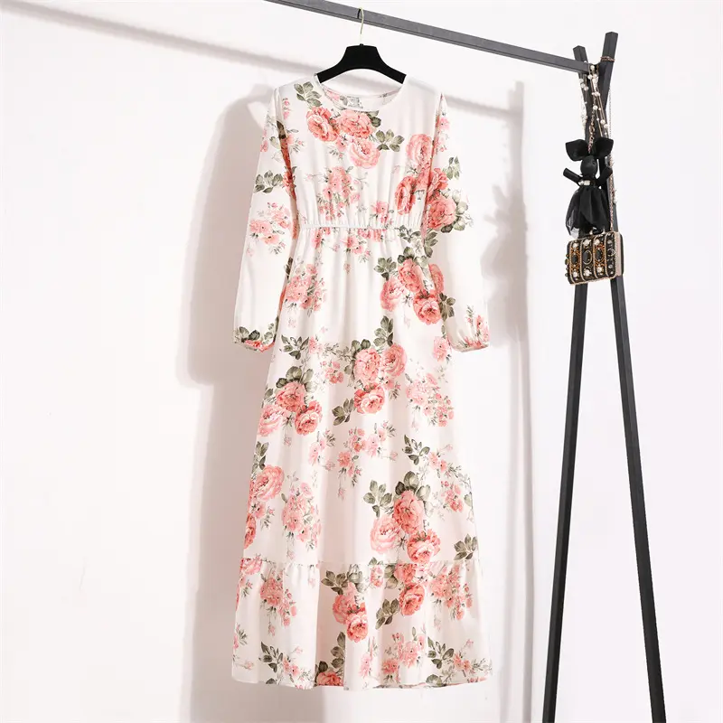 Malay Muslim Long Dress Floral Print Long Sleeve Pullover Chiffon A- line Dress