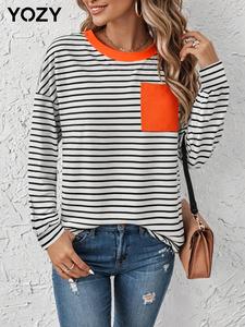 YOZY Women's Colorblock Striped Print Drop Shoulder Pocket T-Shirts, Casual Long Sleeve Round Neck Pullover for Fall & Winter, Ladies Clothes for Daily Wear