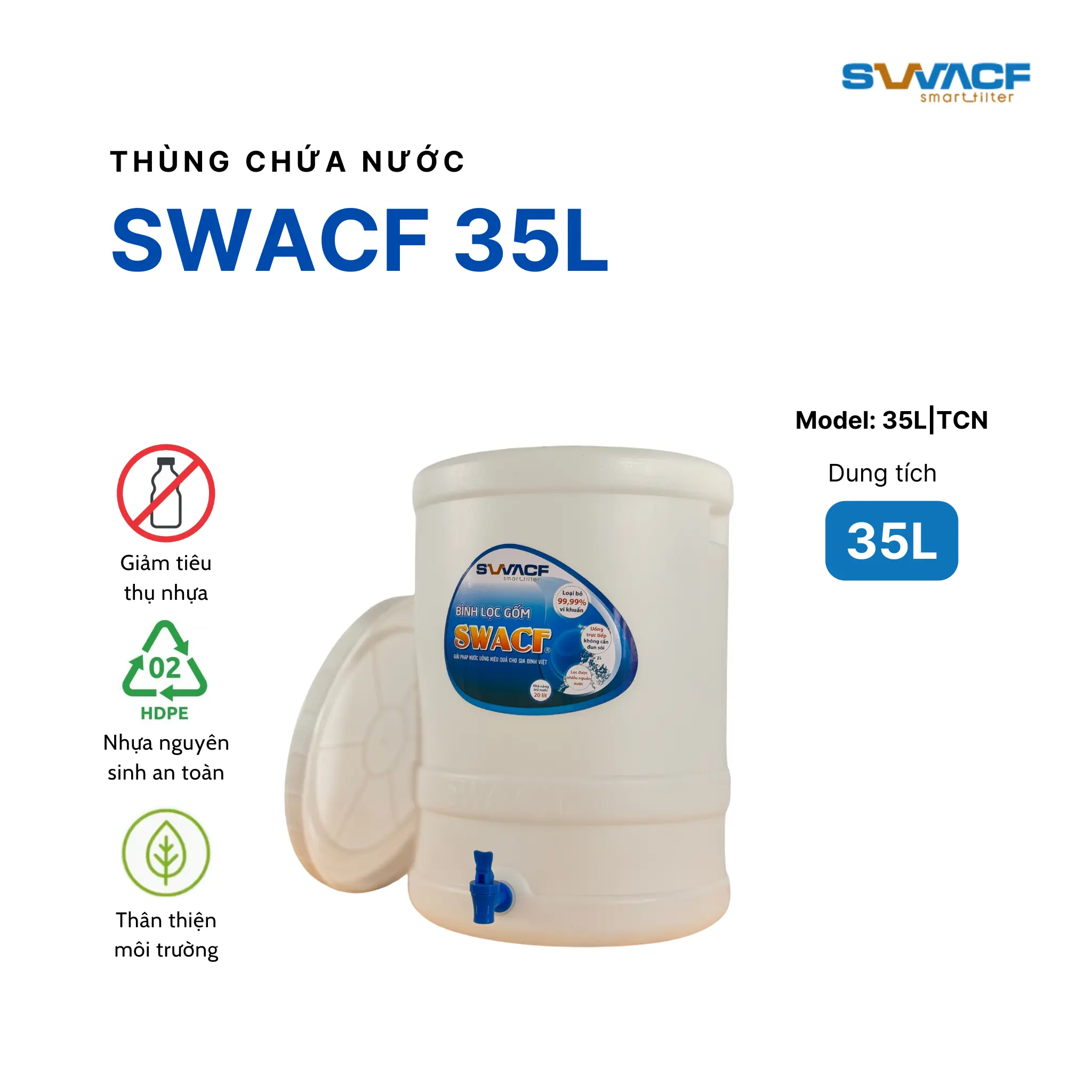 Thùng chứa nước lọc SWACF 35L | TCN nhựa HDPE cao cấp, an toàn thực phẩm