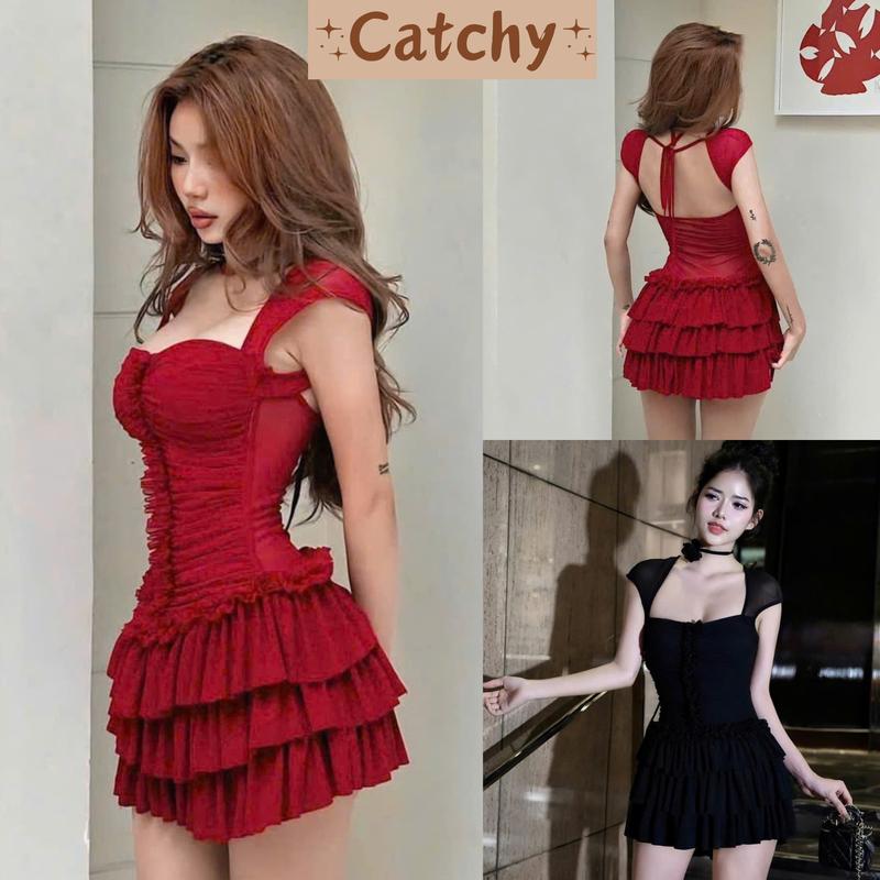 Đầm Body Nhún Cúp Tim Tay Nhí Váy Xòe 3 Tầng Tôn Dáng Quyến Rũ Cho Nữ CATCHYstore Đầm Thiết Kế Đi Tiệc Lưới Nhún Form Ngắn Xòe Tầng Váy Xinh Sang Chảnh Women Dress Đỏ Đen