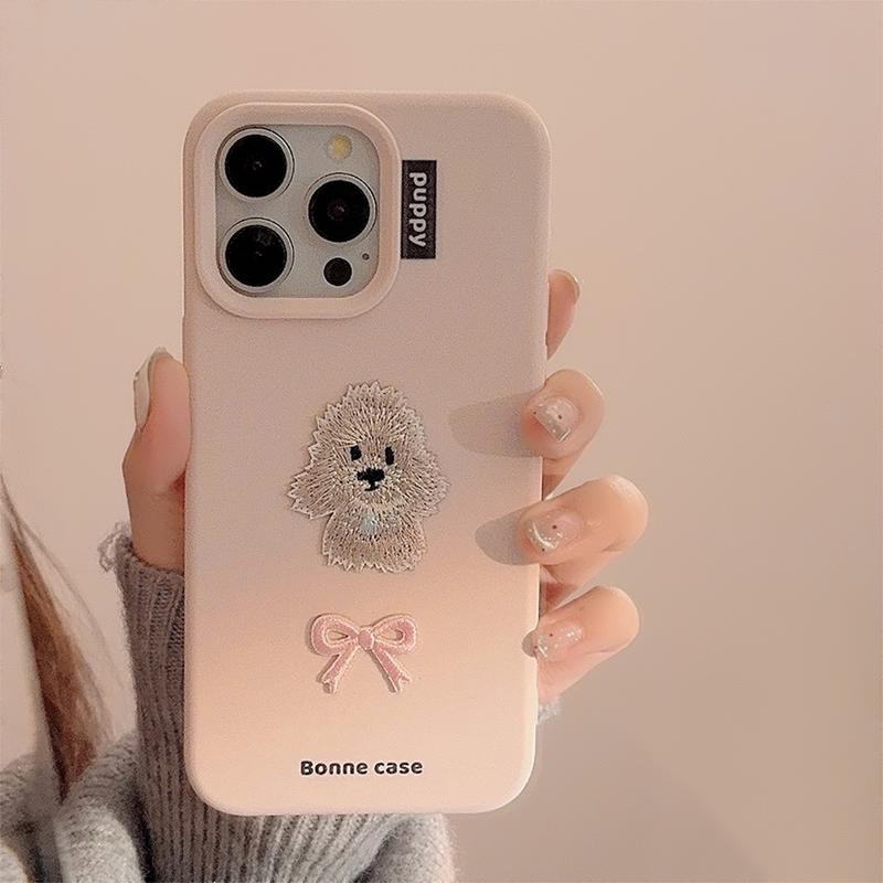 Product Introduction of 【Hot new models】Pink puppy bow tie poodle dog Embroidery art Phone Case For iPhone 16 15 14 13 12 11 Pro Max Case Cute Sweet Cartoon Soft Cover 3