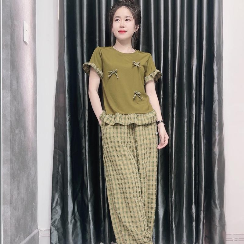 Sét bộ áo xoè bèo phối quần suông caro nhung thời trang  Women Nữ 1