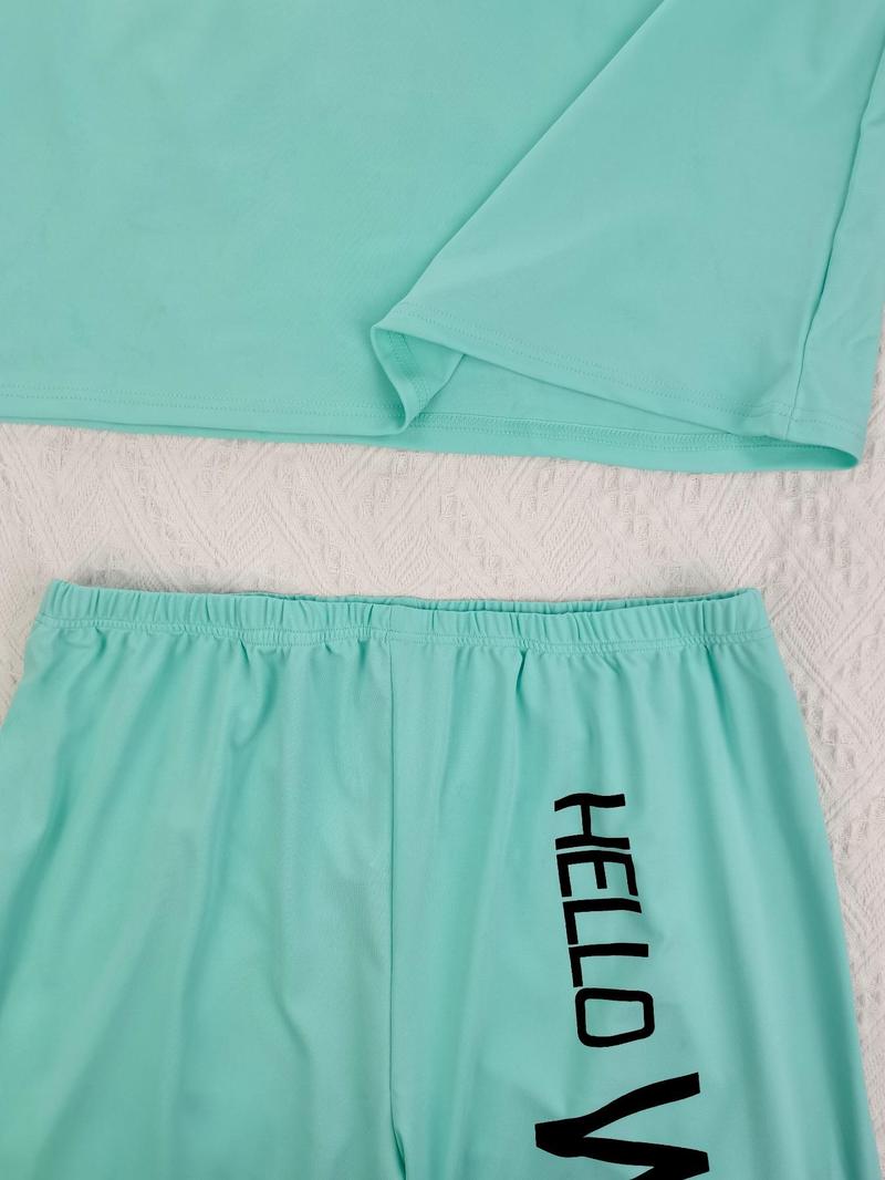 Product Introduction of Plus Size Letter Print Tee & Pants Pyjama, Casual Comfy Round Neck Short Sleeve T-shirt & Trousers PJ Set, Women's Sleepwear for All Seasons 7