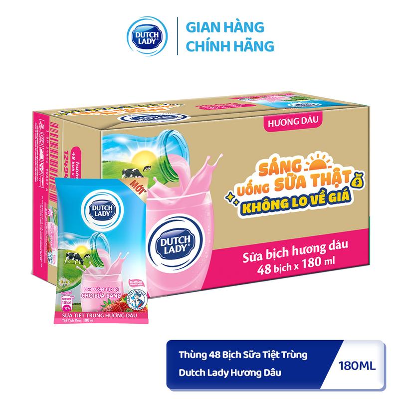  Thùng 48 Bịch Sữa Tiệt Trùng Dutch Lady Cô Gái Hà Lan Hương Dâu 180ml 