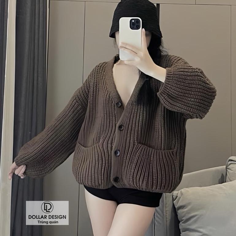 Áo khoác cardigan tay bồng dáng rộng màu nâu có túi Ảnh thật