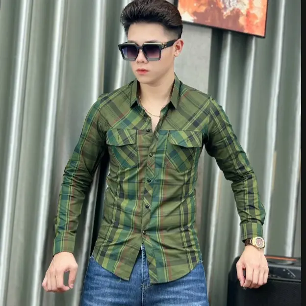 Áo sơ mi nam dài tay kẻ caro nhiều màu, dáng ôm body, có 2 túi - Có Cổ 0