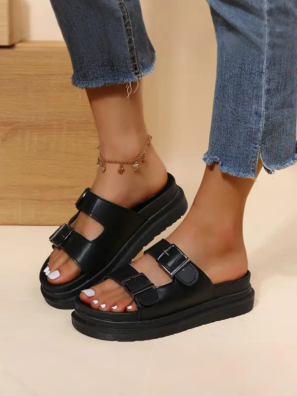 Women's Fashionable Plain Color Platform Sandals, Casual Comfortable One-strap Sandals for Summer, Non-slip Soft Sole Slides for Beach, Walking Shoes 3