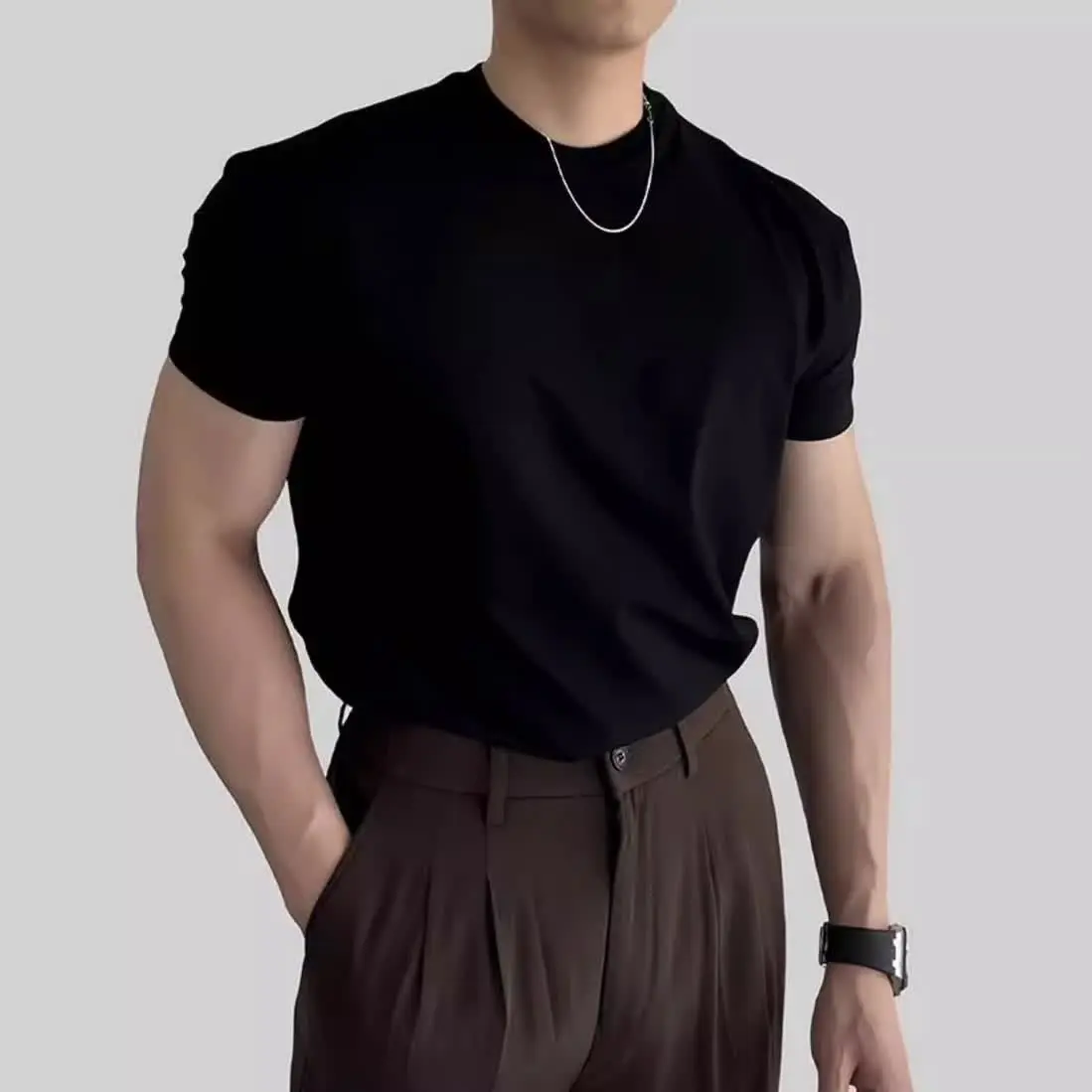 2025GTAL Plus Size American Style Sports Fitness Clothing Cuffed Short Sleeve T-Shirt Men Training Slim Fit Elastic Muscle-Enhancing Summer