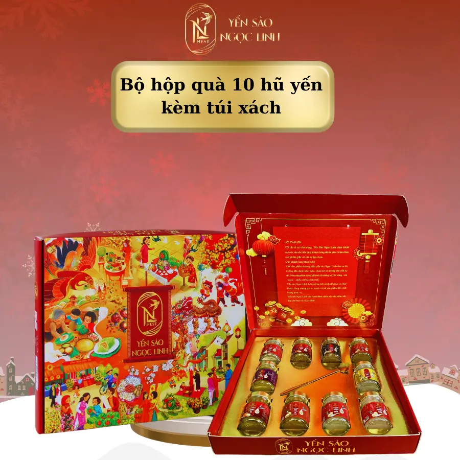 Hộp Quà Yến Sào Ngọc Linh 35% Tiệt Trùng 10 Hũ - chọn vị tuỳ thích