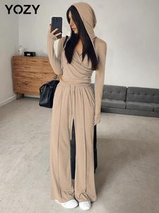 YOZY Women's Solid Wrap Ruched Hooded Crop Top & Drawstring Pants Two-piece Set, Casual Long Sleeve Top & Trousers for Spring & Fall, Women's Clothes for Daily Wear