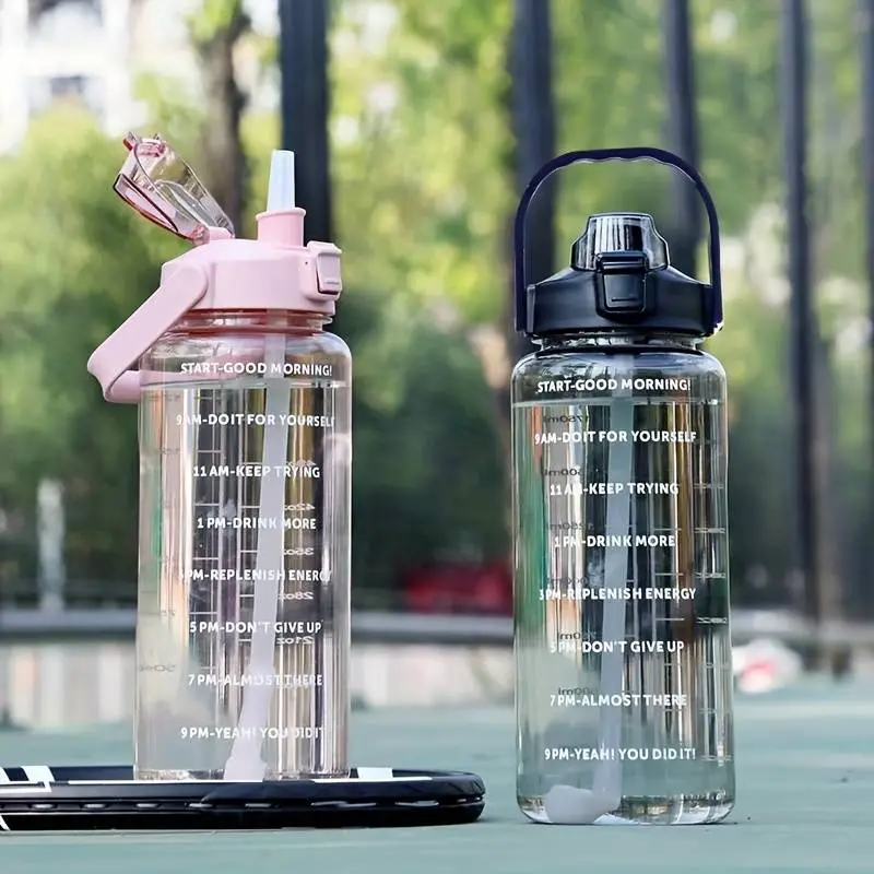 Digisoria PH 2L Water Bottle with Time Marker and Straw for Outdoor Fitness, Hiking, and Camping - Cute Sports Bottle for Girls and Boys Drink Drinkware Lid Transparent Reusable Washable Water Proof Tumbler