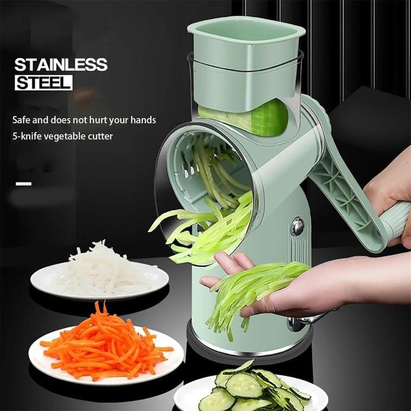 Product Introduction of Manual Rotating Cheese Grater, 1 Count 5 in 1 Replaceable Stainless Steel Blade Vegetable Chopper with Blade Storage Box, Multifunctional Vegetable Slicer for Home Kitchen Dining Room Picnic,  Kitchen Gadgets 7