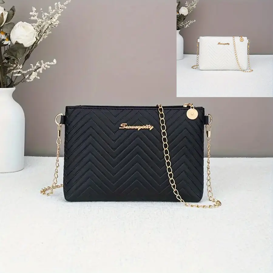 Simple Striped Solid Color High-Grade Quilted Embroidered Chain Shoulder Strap Commuter Bag Small Women's Cross-Body Bag