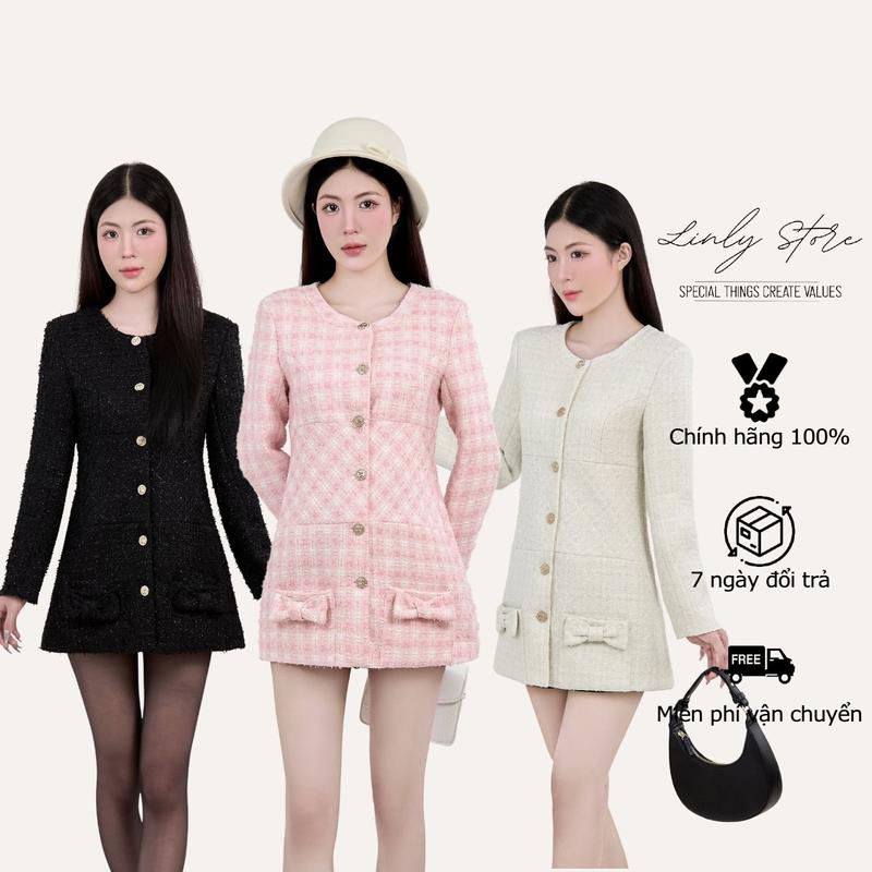 Váy dạ tweed dệt kim tuyến dài tay , đầm kiểu nữ dáng ngắn tiểu thư cổ tròn phối nơ Linly Store V-VD6