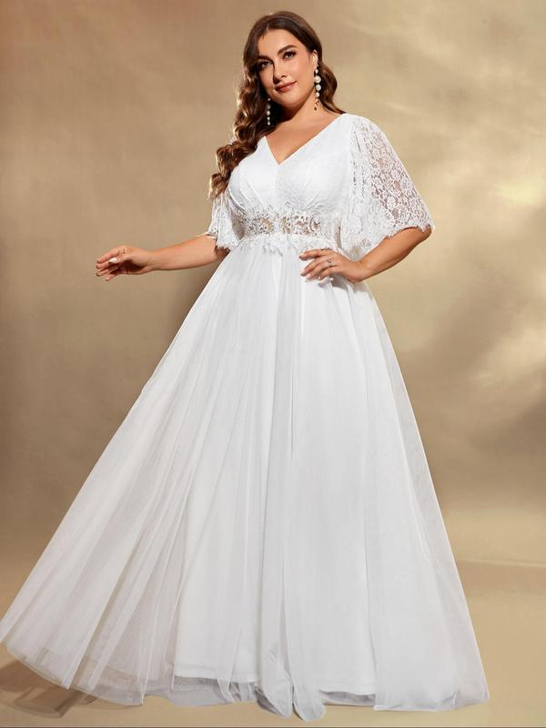Plus Size Plain Contrast Lace Sequin V Neck Tulle Wedding Dress, Elegant Butterfly Sleeve Maxi Dress for Wedding Party, Women's Summer Clothes 2