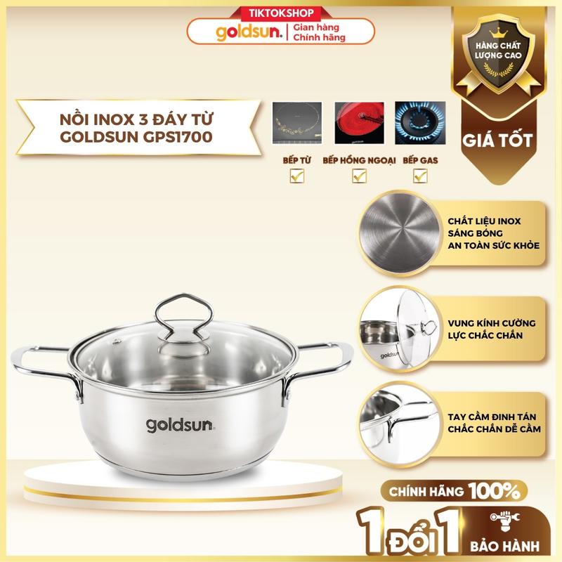 Nồi inox 3 đáy Goldsun GPS1700 đáy từ 3 lớp sử dụng trên mọi loại bếp - Kích thước 16cm/20cm/24cm