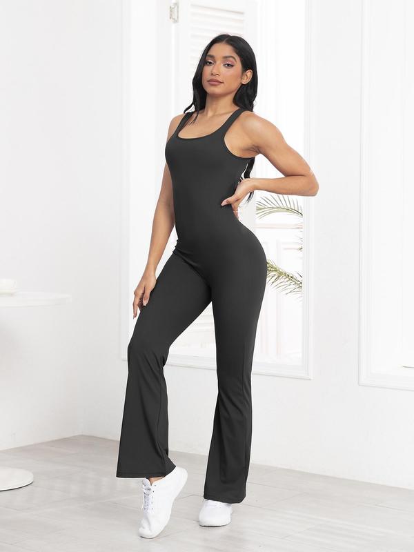 Women's Summer Plain Ruched Cut Out Sports Flare Leg Jumpsuit, Solid Scoop Neck Backless Sleeveless Bodycon Bell Bottom Jumpsuit for Yoga Gym Workout, Ladies Sportswear for All Seasons, Womenswear 8