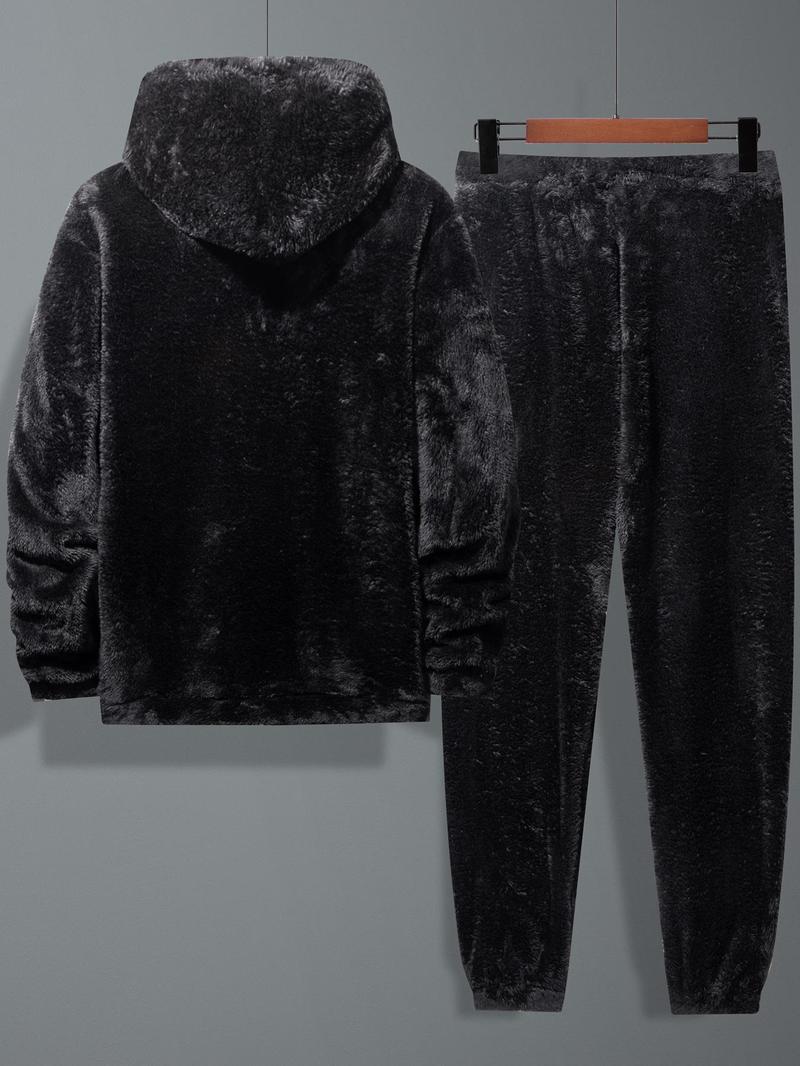 Product Introduction of Men's Solid Plush Fleece Hoodie & Drawstring Waist Pants Two-piece Set, Casual Regular Fit Long Sleeve Hooded Sweatshirt & Pocket Trousers for Fall & Winter, Men's Two-piece Outfits for Daily Wear 2
