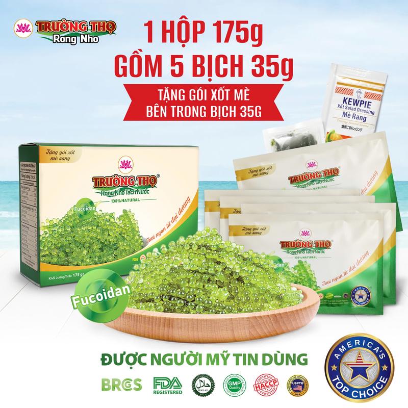 1 hộp rong nho tách nước Trường Thọ 175g gồm 5 bịch 35g tặng kèm xốt mè rang, không mặn không tanh, Người Mỹ tin dùng