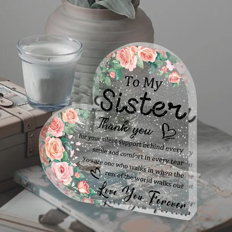 Flower & Letter Pattern Acrylic Decor Sign, Heart Shaped To My Sister Thank You Gift, Sister Friendship Plaque for Women, Desk Ornament, Memorial Gift 2