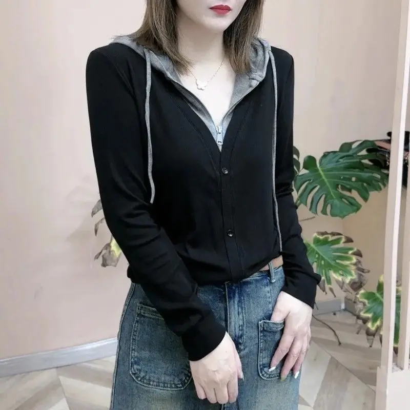 Áo Thun, Hàng Mới Về Mùa Xuân Và Mùa Thu 2024, Mỏng Và Thường Ngày, Thoáng Khí, Dễ Phối Đồ, Có Mũ Trùm Đầu, Áo Lớp Nền Khâu Tay Dài Nửa Có Khóa Kéo