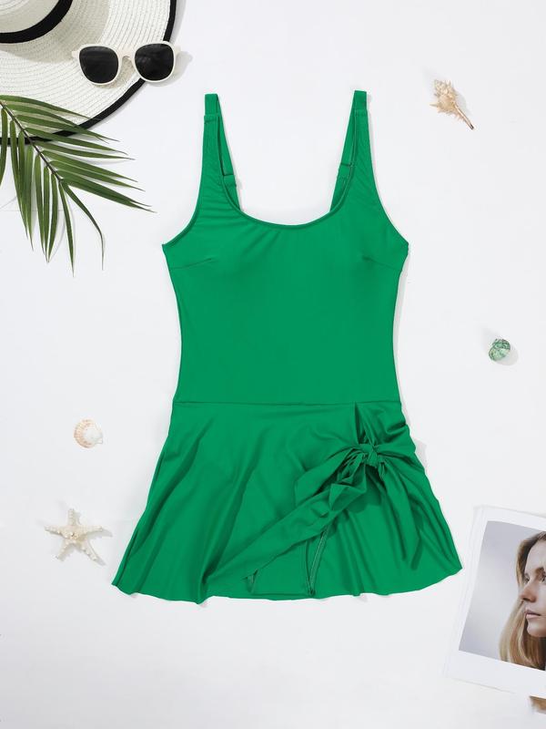 Christmas Gift Women's 2024 Solid Asymmetrical Ruched Knot Design Tank Swimsuit, Beach Adjustable Strap Sleeveless One-piece Swimwear for Beach Holiday Vacation, Chic Ladies Summer Clothes, Curve Swimwear UK 4