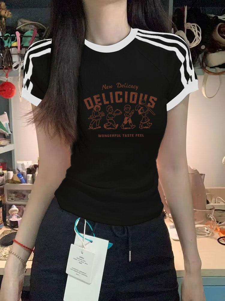 Product Introduction of Summer American Style Short Sleeve T-Shirt for Women, Pure Desire Retro Student Ins Style Three-Stripe Striped Regular Shoulder Short Top 3