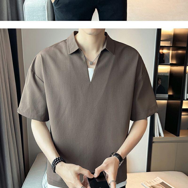 Product Introduction of 2025 Fake Two-Piece V-neck T-shirt Men's Ins Fashion Brand Short Sleeve Polo Shirt Ice Silk Half Sleeve 2023 New Summer Matching Suit 8