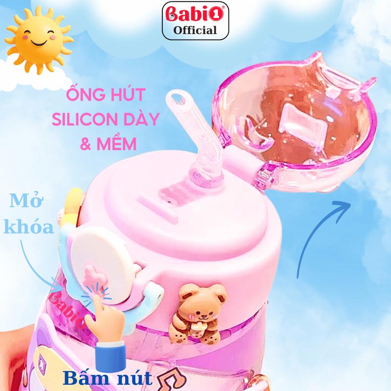 Bình Nước Cho Bé Babi1 Bình Uống Nước 600ml Cho Bé Đi Học Có Quai Đeo Tặng Kèm Sticker Dễ Thương 3