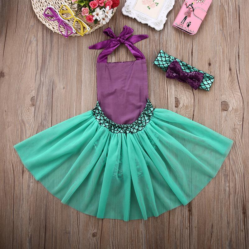 Baby Girls Summer Clothes Set Sleeveless Lace-up Mermaid Romper with Tulle Tutu Skirt + Headband 2Pcs Casual Beach Outfits 7