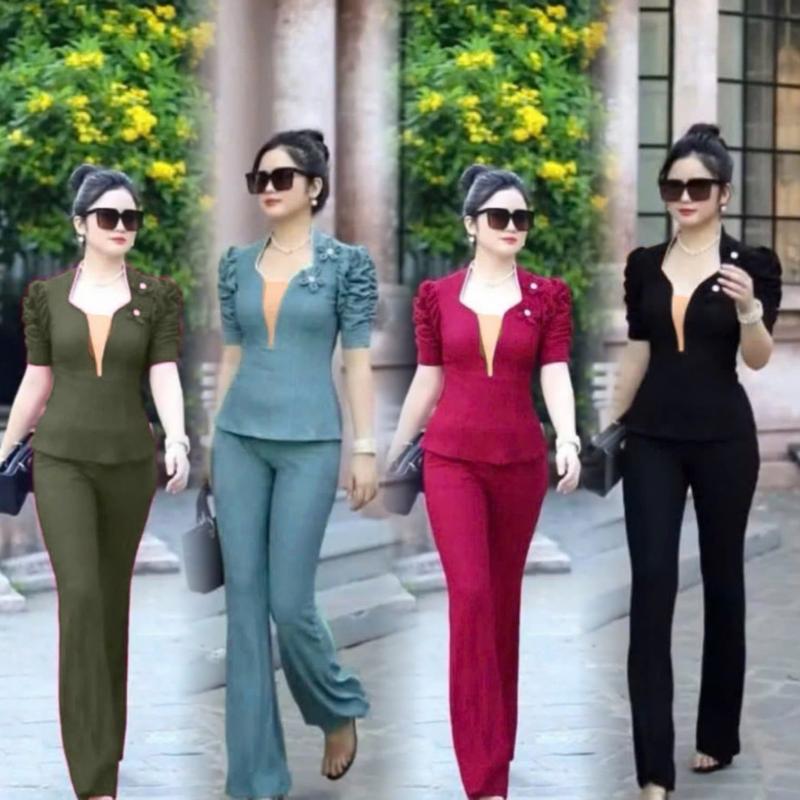 X114 Đồ Bộ Thun Xốp Nhật Áo Phối Màu Hoạ Tiết Bông Hoa Quần Ống Loe Sang Chảnh Size Đến 75kg Đồ Bộ Mặc nhà Đi Tiệc