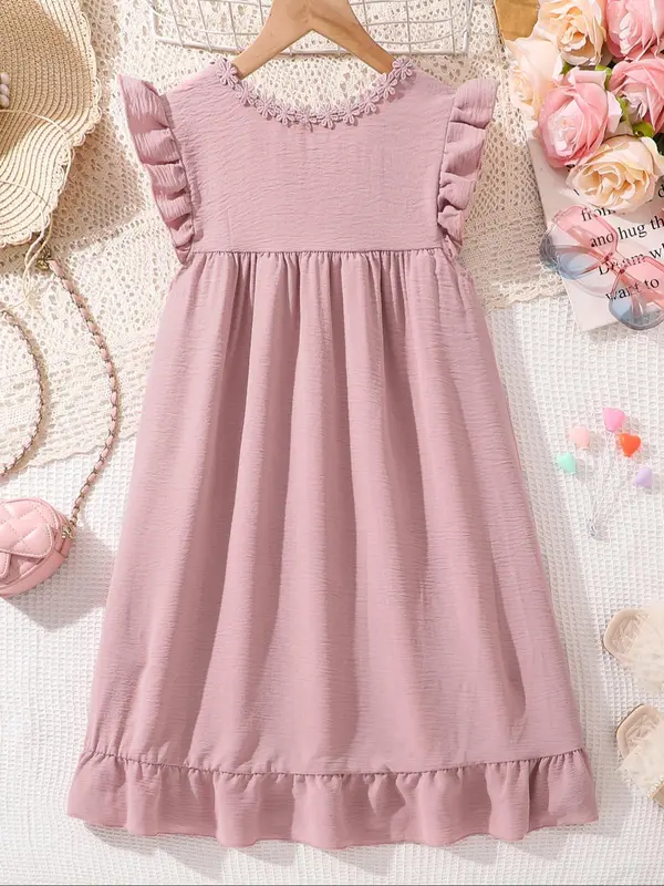 Girl's Floral Embroidery Ruffle Trim Dress, Cute Casual Short Sleeve A Line Dress for Summer, Kids Clothes for Daily Wear 1