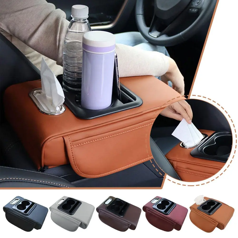 High Quality Car Armrest Cushion With 2 Cup Holder And Side Pocket PU Leather Auto Center Console Arm Rest Heighten Pads Car Arm Rest Cover