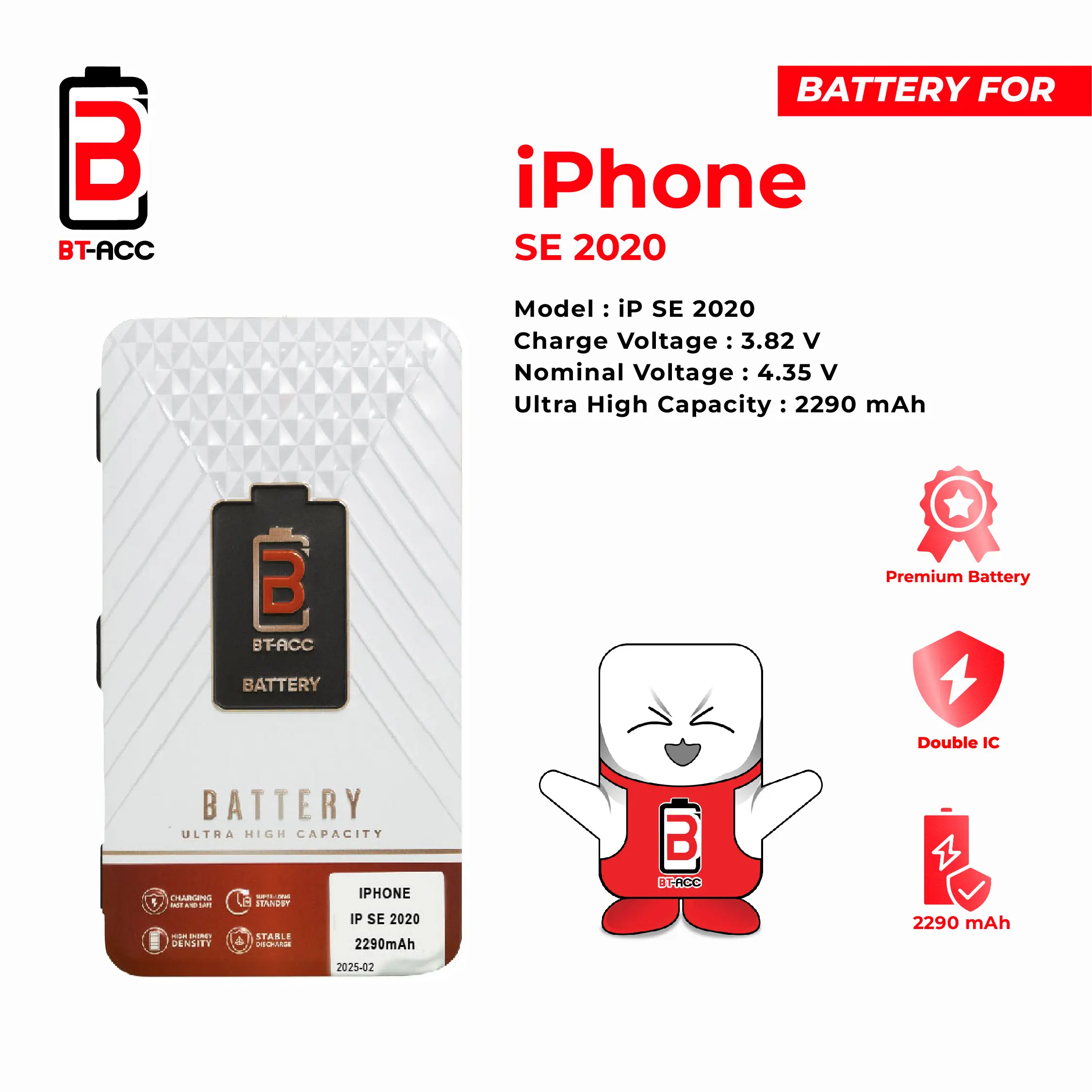 BT-ACC Ultra High Capacity Battery Baterai Batre For Iphone SE 2020 With 2290mAh