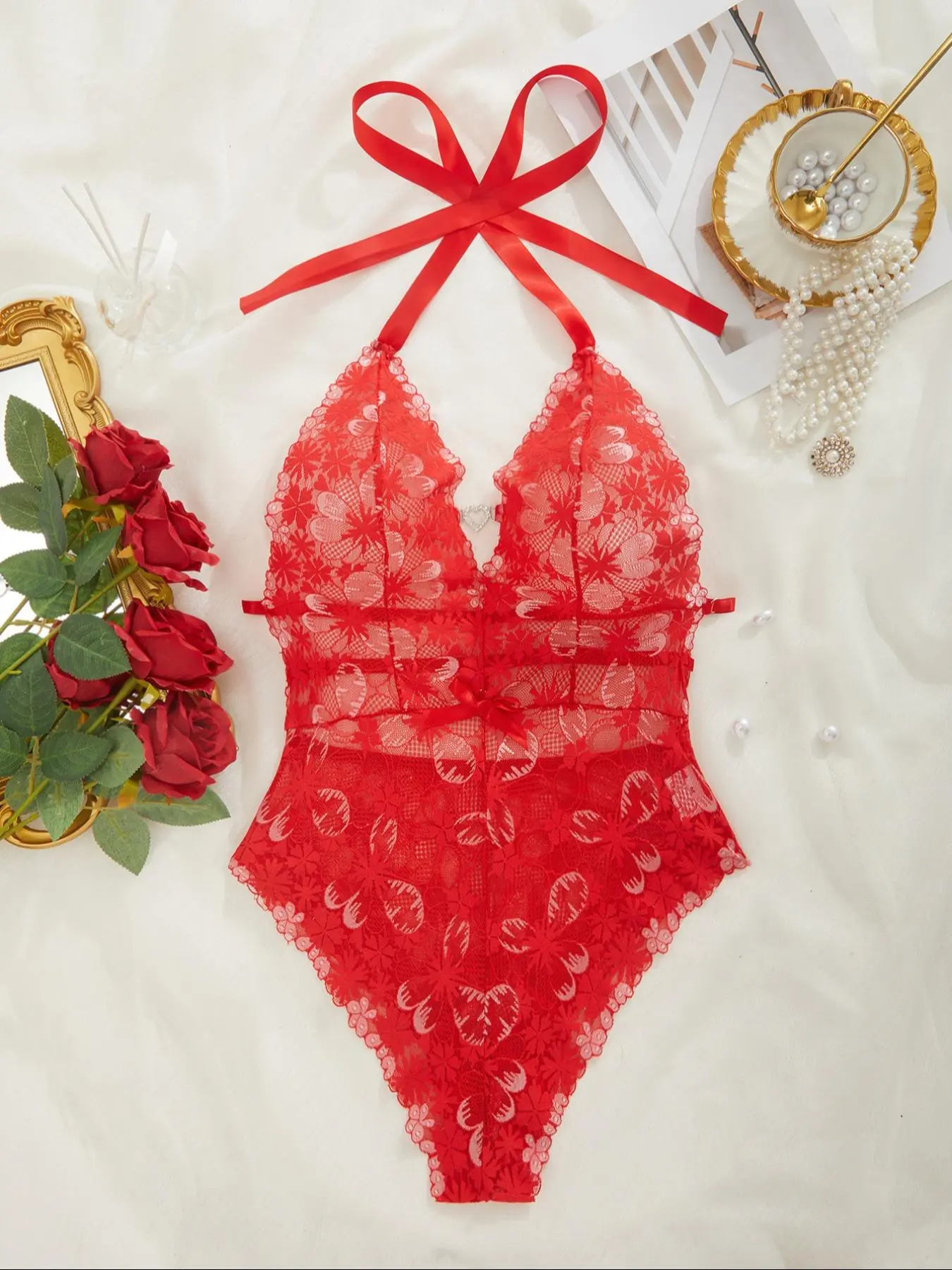 Women's Plain Lace Sexy Lingerie Bodysuit, Chic Comfy Breathable Thong Design Bodysuit for Daily Wear, Women Sexy Lingeries for All Seasons