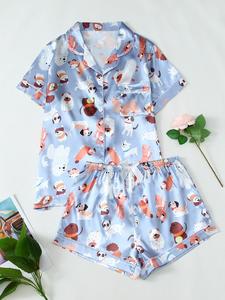 Women's Cartoon Animal Print Top & Shorts Pajama Set, Casual Comfy Short Sleeve T-shirt & Shorts Pajama Set, Ladies Sleepwear for All Seasons