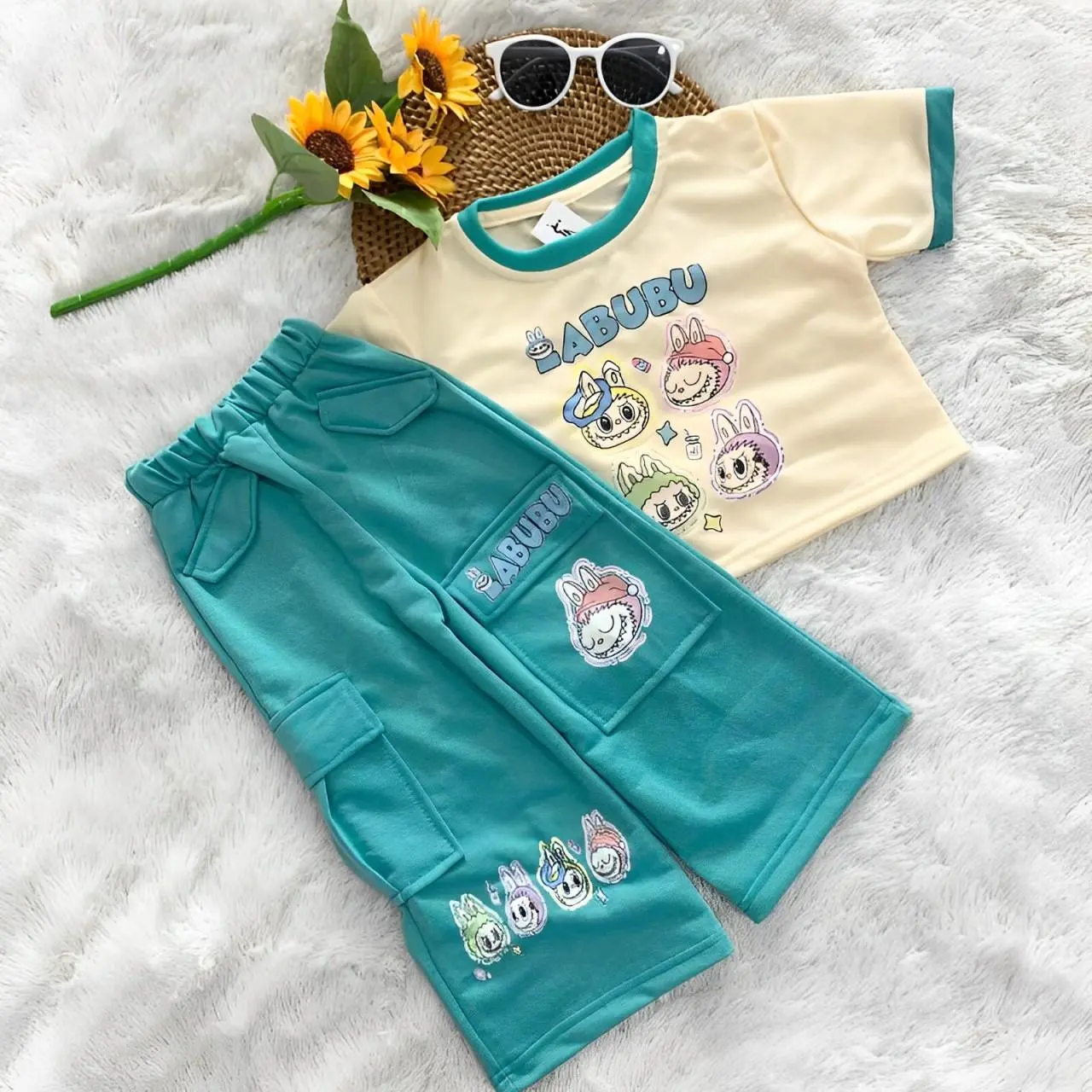 Setelan Baju Labubu Crop Cargo Anak Usia 3-10 Tahun Pakaian Anak Perempuan Lengan Pendek