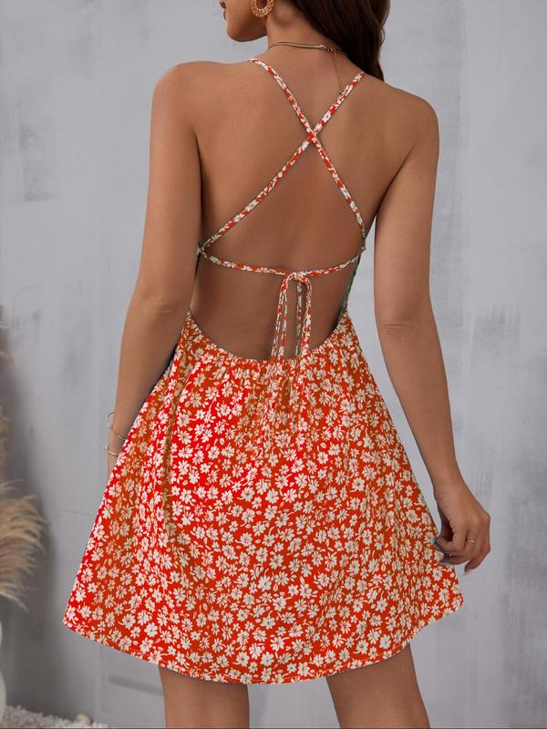 Women's Ditsy Floral Print Criss Cross Tie Backless Cami Dress, Boho Fashion Spaghetti Strap A Line Short Dress for Beach Holiday Vacation, Ladies Summer Clothes, Summer Dresses 2025 7