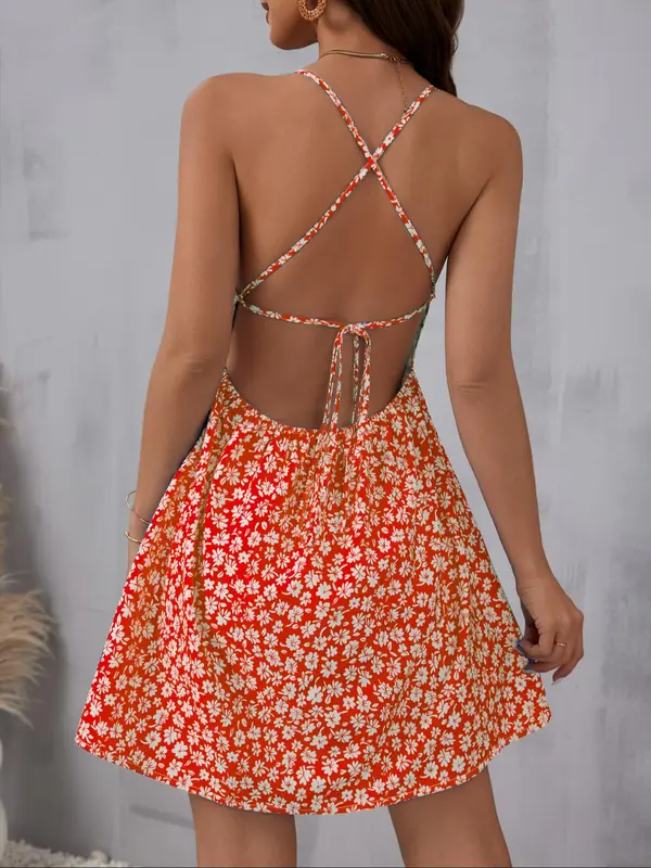Women's Ditsy Floral Print Criss Cross Tie Sleeveless Backless Cami Dress, Boho Fashion Spaghetti Strap A Line Short Dress for Beach Holiday Vacation, Ladies Summer Clothes, Summer Dresses 2025, Casual Womenswear 7