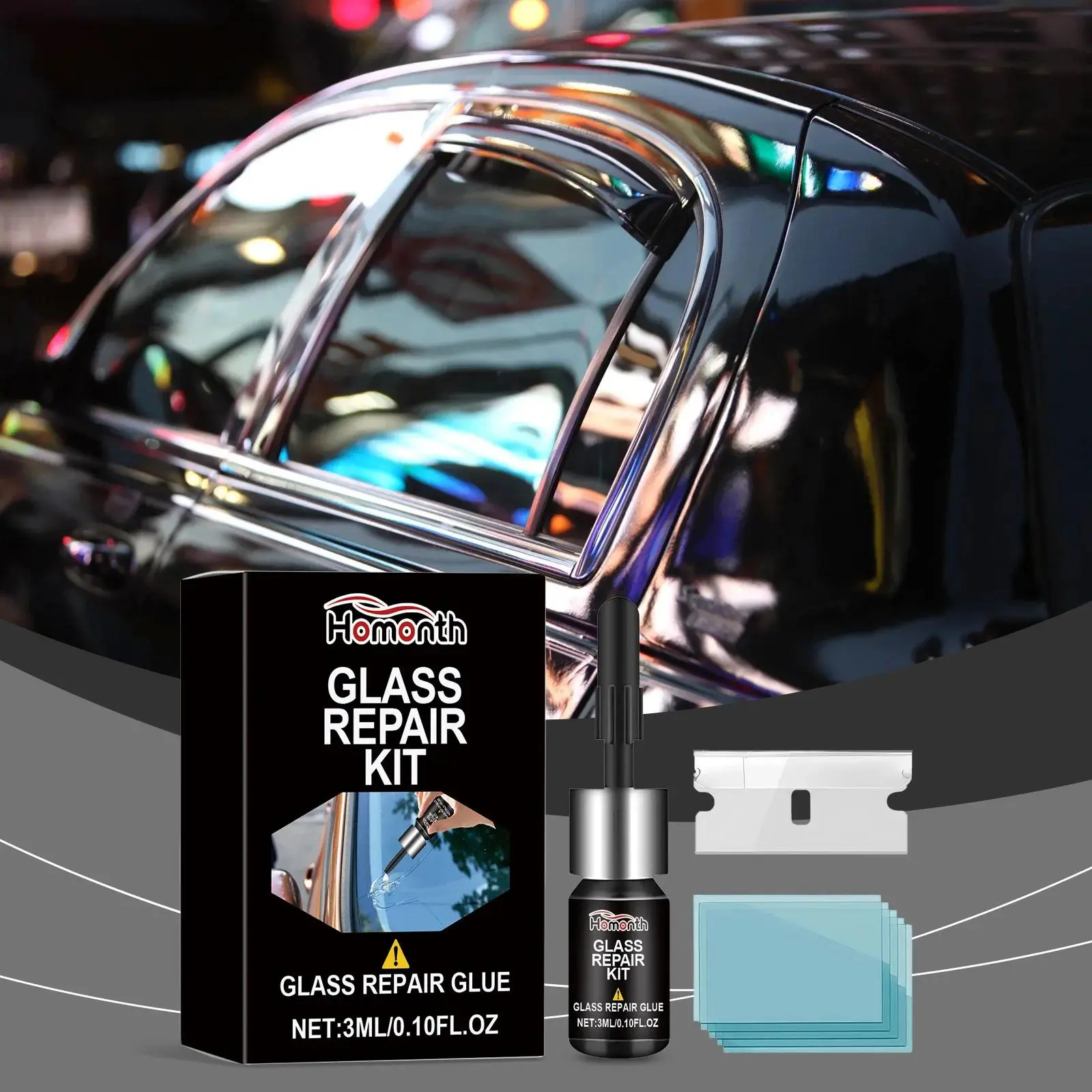 Car Windshield Repair Kit 3ml - Fix Cracks & Chips, Portable Glass Crack Filler with UV Curing DIY Solution for Clear Visibility