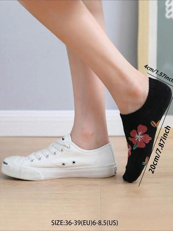 Women's 5 Pairs Floral Print Invisible Socks, Anti-odor Sweat-absorbing Comfortable Breathable Crew Socks, Multipack Low Cut Knit Socks, Women's Hosiery 1