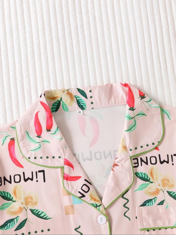 Two-piece Set Women's Fruit Print Lapel Neck Button Front Pajama Set, Casual Comfy Pastel Short Sleeve Pocket Top & Elastic Waist Shorts Pj Set, Ladies Sleepwear for All Seasons 8