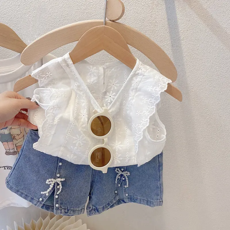 BABYHOKI STORE Usia 7 8 9 10 Tahun Baju Anak Tanggung Cewek [363637] - Setelan Blouse Kutung Celana Pendek Jeans Anak Perempuan - Motif Pearl Ribbon 1