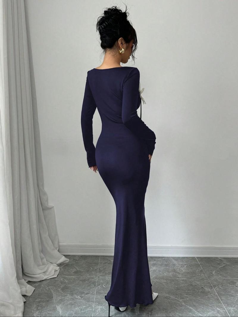 Product Introduction of Women's Plain Floral Decor Long Sleeve Evening Dress, Elegant Fashion Maxi Dress for Party Ball Performance Wear, Women's Dress for Spring Fall 8