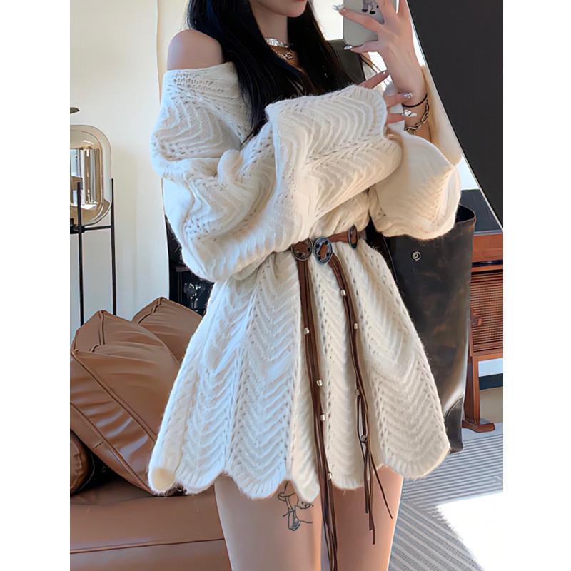 Áo Len Trễ Vai Phong Cách Hàn Quốc, Đồ Len khoét Ren Bất Đối Xứng Áo Len Dài Tay, Dành Cho Nữ